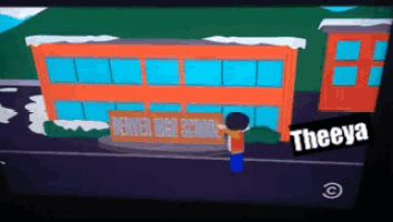 a cartoon character named theeya stands in front of a school building