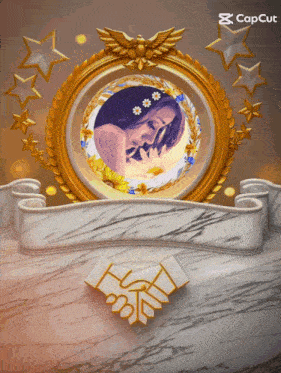 a picture of a woman with flowers in her hair is in a gold frame with a capcut logo