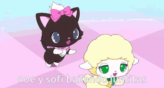 a cartoon of a cat and a sheep with the words noe y sofi bailando juntitas