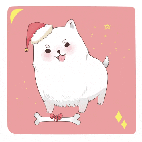 a white dog wearing a santa hat and a bone
