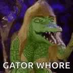 a cartoon of a gator with long blonde hair and the words `` gator whore '' written on it .