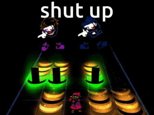 two cartoon characters are playing a guitar and the words shut up are above them