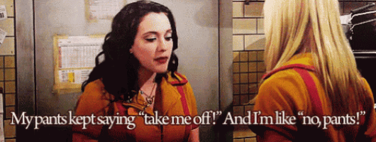 two women are standing next to each other and one of them says " my pants kept saying take me off "