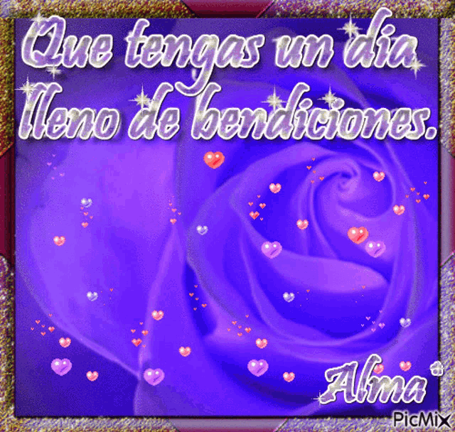 a purple rose is surrounded by hearts and the words que tengas un dia lleno de bendiciones