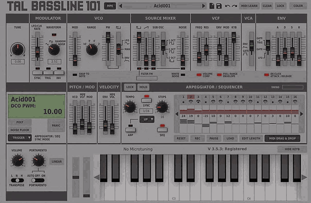 a screenshot of the tal bassline 101 app with a green screen that says acid001