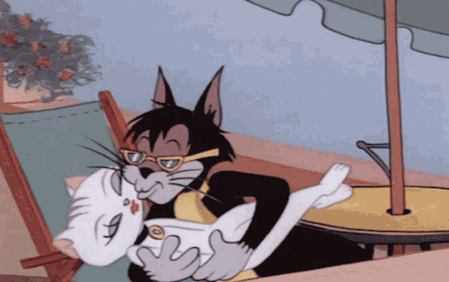 a cartoon cat is holding a white cat while wearing sunglasses
