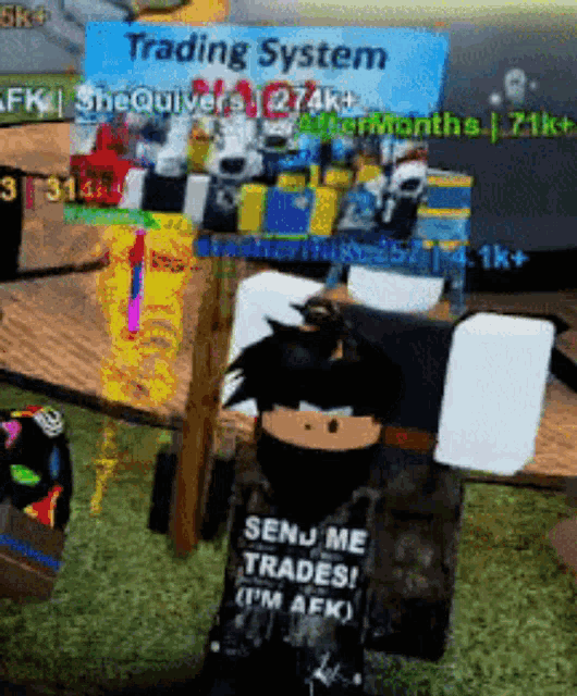 a person in a video game has a shirt that says send me trades