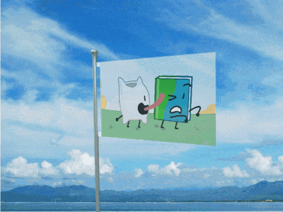 a flag with a picture of a cat and a book licking each other