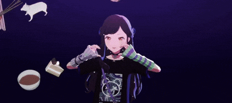 a girl in a black and blue outfit is pointing at something