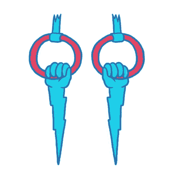 a pair of blue and red lightning bolts hanging from rings