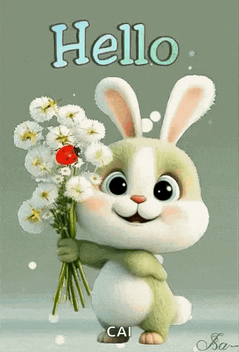 a bunny is holding a bouquet of flowers and a ladybug .