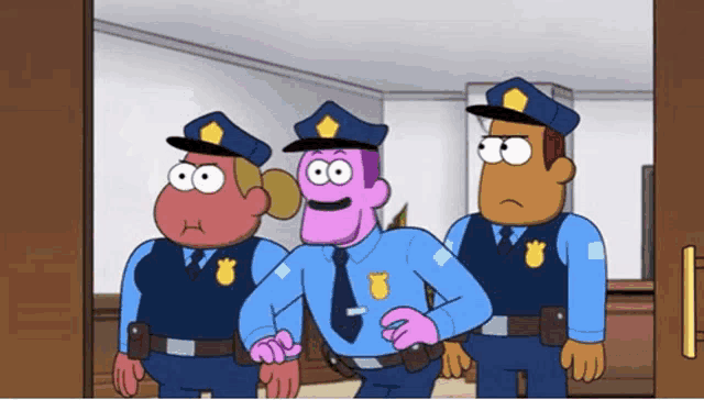 three cartoon police officers are standing next to each other in a room .