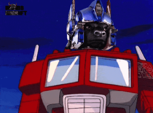 a cartoon drawing of a robot with a gorilla on its head