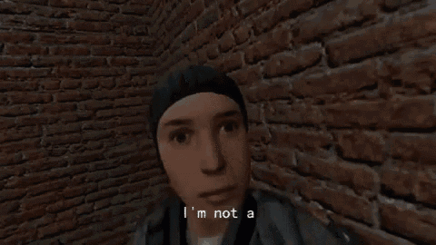 a boy in a video game is standing in front of a brick wall and says wizard .