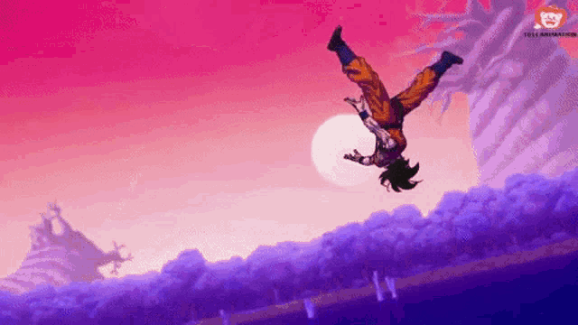 a cartoon character is doing a handstand in the air in front of a pink sky .
