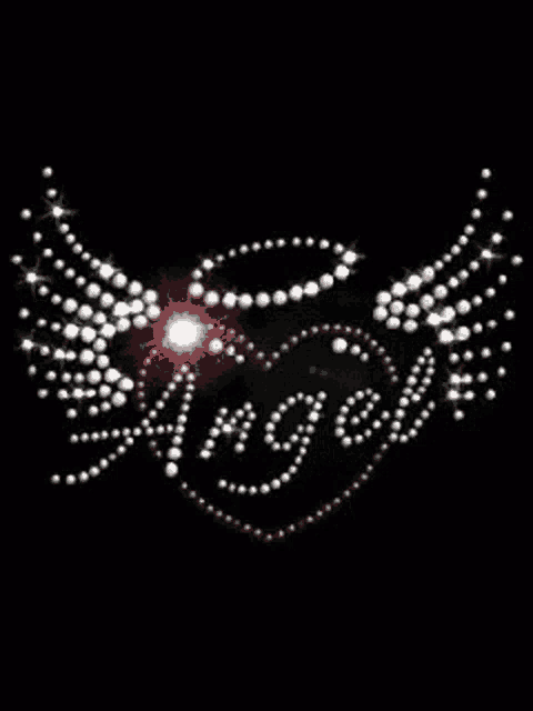 a heart with wings and the word angel written in rhinestones .