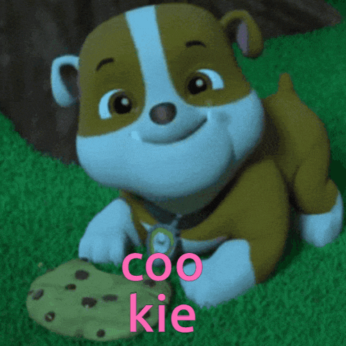 a cartoon dog is laying on the grass with a cookie and the words coo kie above him