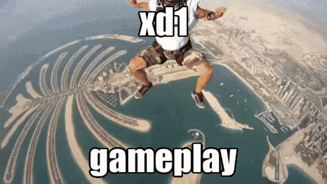 a man is jumping in the air with xd1 gameplay written on the bottom
