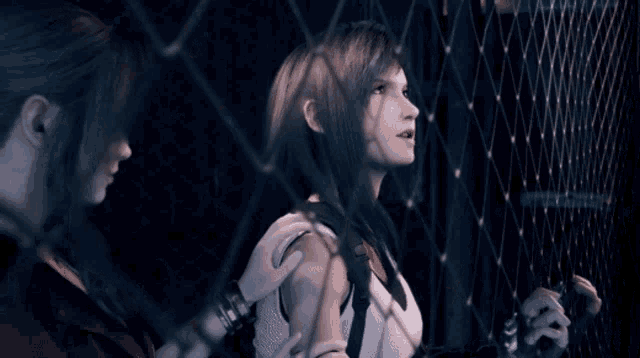a couple of women are standing next to each other behind a chain link fence .