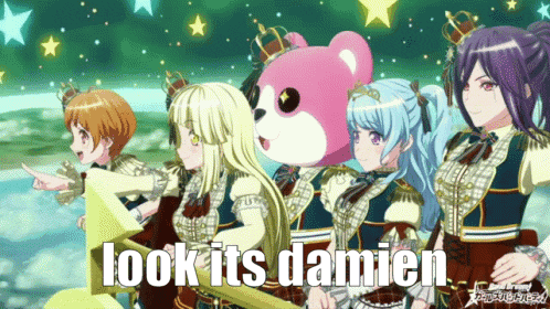 a group of anime girls are standing next to a pink teddy bear with the words look its damien on the bottom