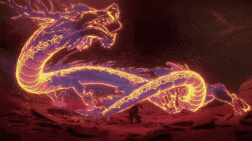 a purple and orange dragon with a man standing in the background