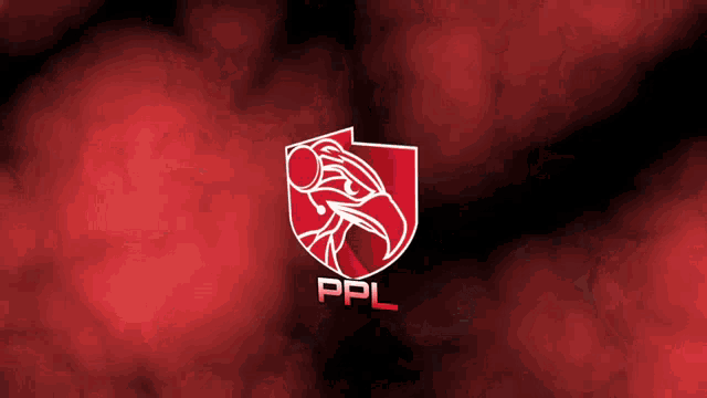 a red and white logo for ppl with an eagle on a shield