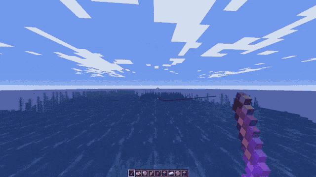 a screenshot of a video game with a purple sword in the water