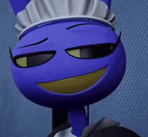 a blue cartoon character is wearing a maid outfit