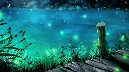 a painting of a lake at night with fireflies flying in the water