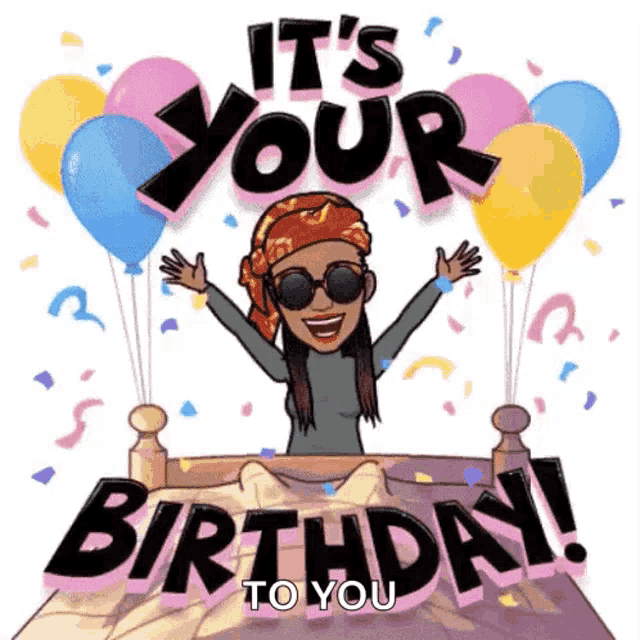a woman is sitting on a bed with balloons and confetti and says it 's your birthday to you .