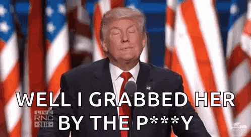 donald trump is giving a speech in front of an american flag and says well i grabbed her by the p ** y .