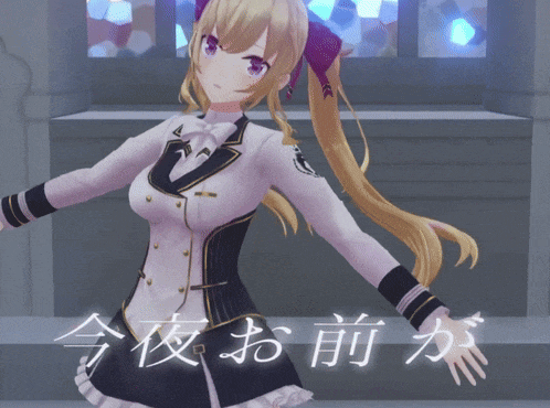 a girl with a ponytail is standing in front of a sign that says ' 今 夜 お前 が '