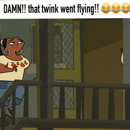 a cartoon of a woman standing on a balcony with a caption that says " damn that twink went flying "