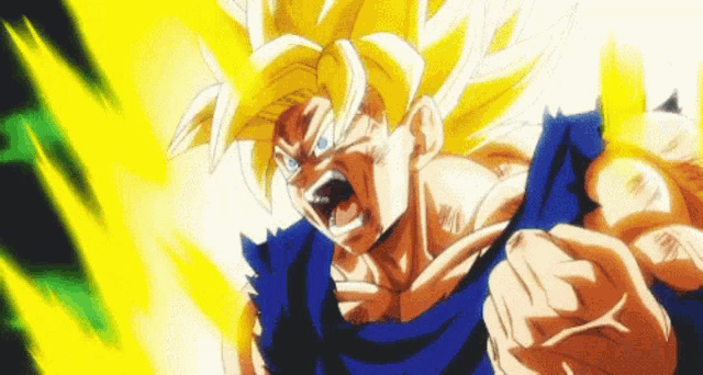 a close up of a cartoon character with yellow hair and a fist in his hand .