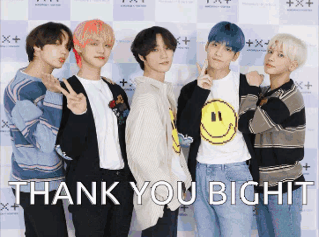 a group of young men posing for a picture with the words thank you bighit written below them