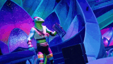 a lizard is holding a keyboard in front of a stage .