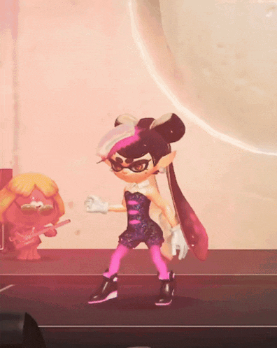 a cartoon character in a black and pink dress is dancing on a stage