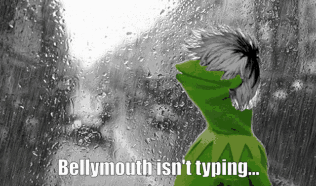 kermit the frog is looking out a window with the words bellymouth is n't typing