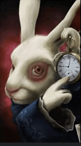 a white rabbit is holding a pocket watch with roman numerals on the face
