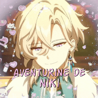 a picture of a blonde anime character with the words " aventurine de niki " on the bottom