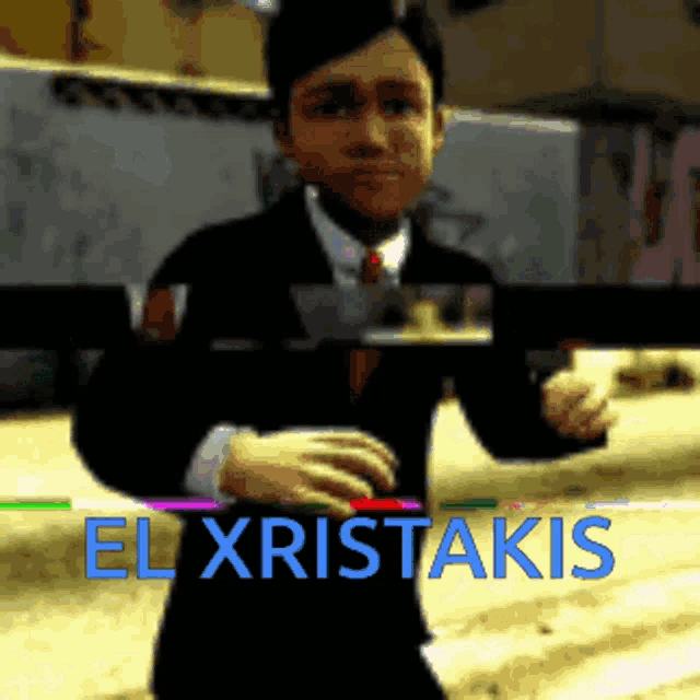 a boy in a suit and tie is standing in front of the words el xristakis