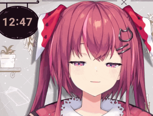 a girl with red hair and a clock that says 12:47
