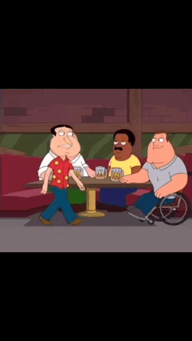 a group of cartoon characters are sitting around a table with beer mugs