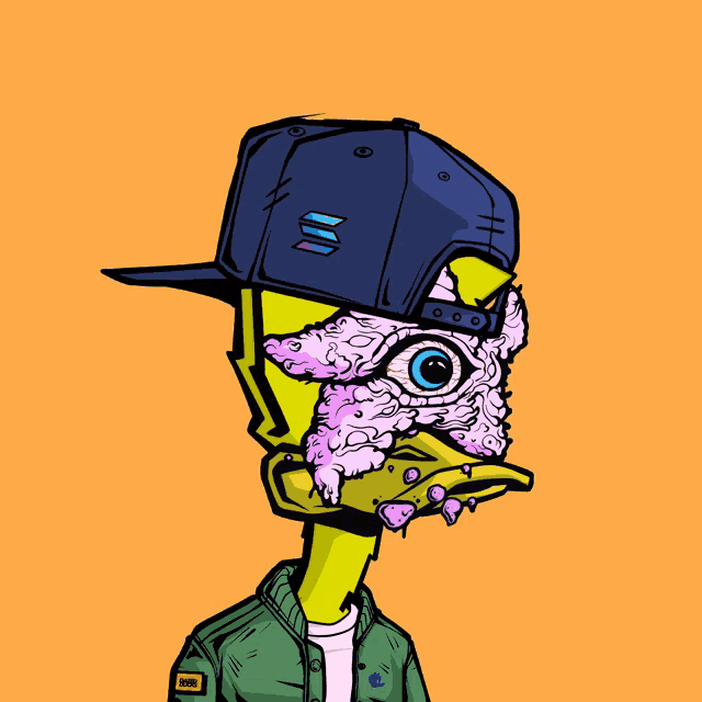 a cartoon drawing of a duck wearing a hat and a jacket that says hugo on it