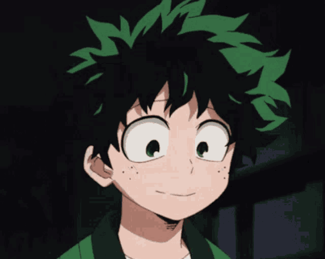 a close up of a cartoon character with green hair and white eyes
