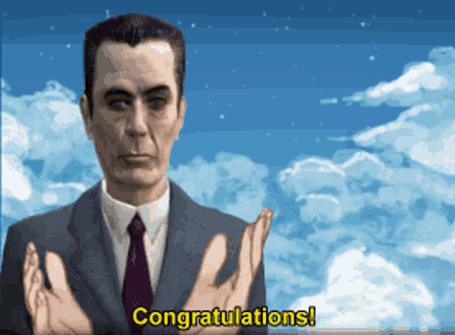 a man in a suit and tie says congratulations in yellow letters