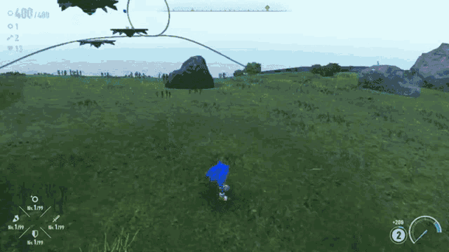 a screenshot of a video game with a sonic character in the grass