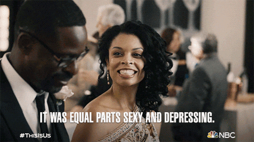 a man and a woman are standing next to each other and a caption says it was equal parts sexy and depressing