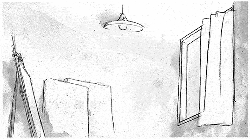 a black and white drawing of a room with a ceiling light and a window .
