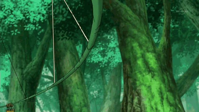 a cartoon drawing of a person riding a swing in the woods with bs japan on the bottom right